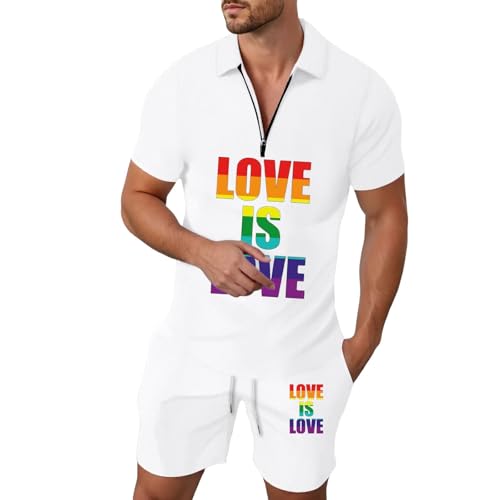 Caxndycing Pride Outfit Herren LGBTQ Regenbogen Anzug mit Poloshirt und Shorts CSD Party Jogginganzug Rainbow Flagge Trainingsanzug Sommer Festival Outfits