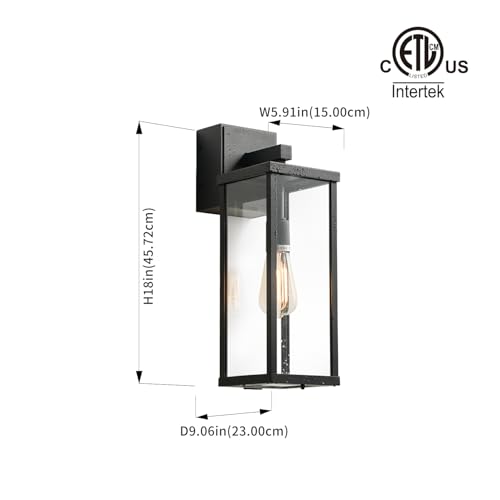 Image of mirrea 18 inch Classic Outdoor Wall Sconce with Built-in GFCI Outlet 1 Light in Matte Black Rectangular Metal Frame and Clear Glass Shade Waterproof Porch Light Patio Light