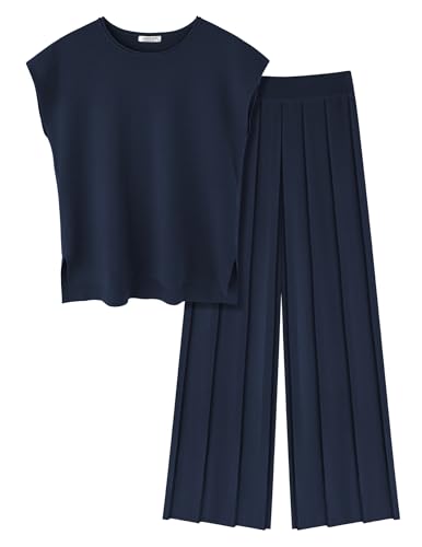 Ekouaer Lounge Sets for Women Two Piece Outfits Knit Cap Sleeve Tops Wide Leg Pleated Pants Casual Dressy Sweater Sets Navy Blue
