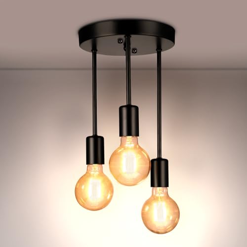 Letlit Plafonnier 3 Flammes - Plafonnier Vintage Noir, E27 Lampe de Cuisine Suspendu Lustre,...