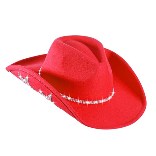 Womens Rhinestone Cowboy Hat Red Star Cowgirl Diamond-Glitter Christmas Hat for Women with Tassel
