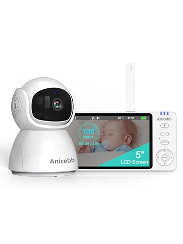 Anicebb 5' HD Video Baby Monitor with Camera and Audio, No WiFi Hack-Proof Security, Remote Pan-Tilt-Zoom, 100-Hour Battery Life in VOX Mode, 1000ft Range, Night Vision, Temperature & Cry Alerts