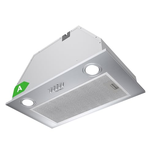 Hermitlux Hotte Aspirante Encastrable 52 cm, 750 m³/h Silencieuse 68 dB, Classe A, 3 Vitesses, Évacuation/Recyclage, LED, Inox