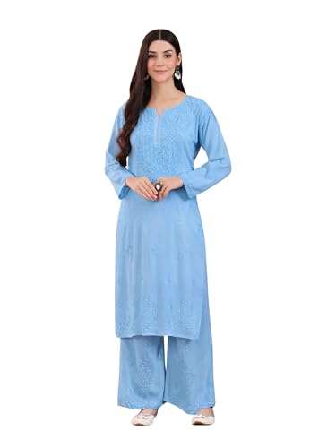 Image of POSHAK CHIKAN STUDIO Women's Hand Embroidered Lucknowi Chikankari Rayon Co-ord Set