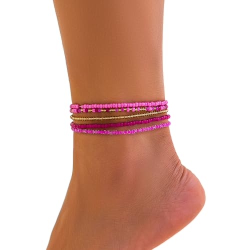Image of 5Pcs Summer Beach Bead Anklet Bracelet,Multi-layered Pearl Anklets,Bikini Foot Chain Bracelet Wedding Bridal Adjustable Leg Bracelet Jewelry for Women Girls