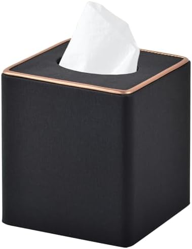 RHCSZ Linen Square Tissue Box Cover,Cube Tissue Box Holder－Excellent Rosegold Leather Decoration,Table Napkin Case Dispenser,Facial Tissues Organizer with Magnetic Bottom for Home Office Car(Black)
