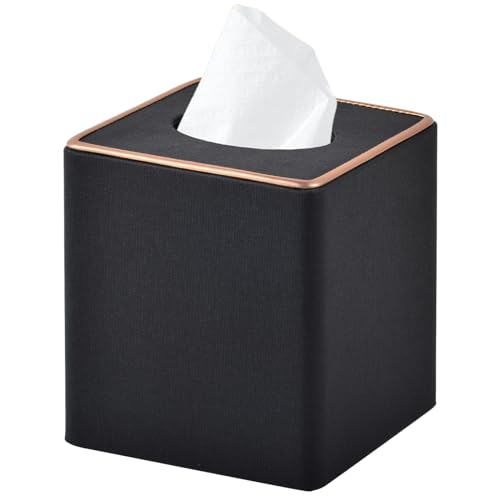 RHCSZ Linen Square Tissue Box Cover,Cube Tissue Box Holder－Excellent Rosegold Leather Decoration,Table Napkin Case Dispenser,Facial Tissues Organizer with Magnetic Bottom for Home Office Car(Black)