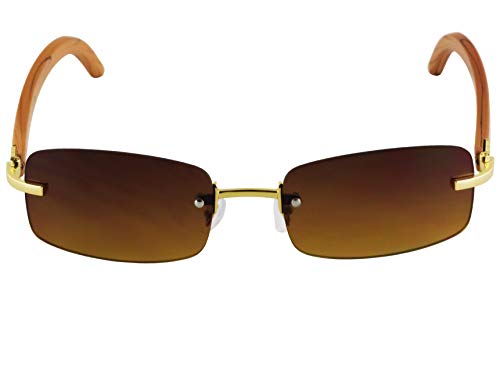 FLAWLESS EYEWEAR Slim Rimless Rectangular Sunglasses with Metal Wood Print Frame Luxe Dean (Rose Gold & Light Brown Wood)2