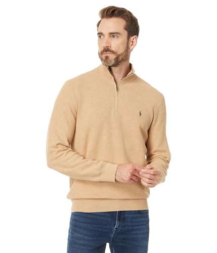 POLO RALPH LAUREN Mens Mesh-Knit Cotton 1/4 Zip Sweater Camel