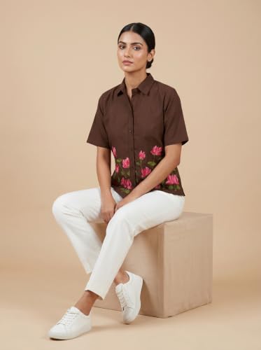 Image of Stylish Women's Embroidered Shirts | Geometric Pattern Half Sleeve Collared Button-Up Casual Shirt for Women