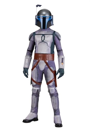 Deluxe Star Wars Jango Fett Costume for Kid's - Mandalorian Bounty Hunter Outfit with Gloves, Belt, Spats, Hood & Mask Medium