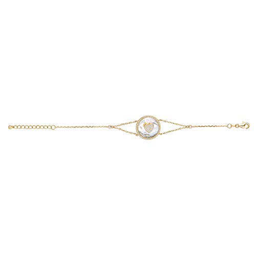 Image of Sterling Silver Bracelet Heart in Circle Disc Mother of Pearl Simulated Diamonds Double Chain 7.5 inch