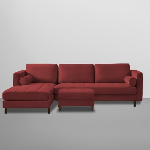 Image of Lezra LHS 4 Seater L Shape Sofa Set with Center Table for Living Room (Maroon Fabric) Premium Fabric Sofa