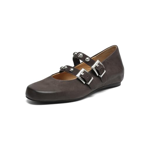 Mary Jane Flats for Women Studs Closed Round Toe Flats Double Straps Adjustable Buckle Shoes Comfortable Daily Office Dressy Shoes