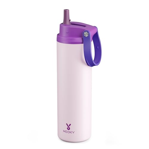 Image of Meoky 24 oz Insulated Water Bottle: Flip-to-Pop Straw, Leak Proof, 24H Cold, Fits in Car Cup Holder, Wide Mouth, BPA-Free, Stainless Steel Water Bottle for Women Teen Girls, Dreamy Field