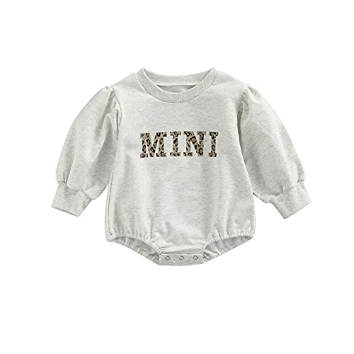 Fall Baby Girl Clothes Newborn Infant Puff Sleeve Sweatshirt Romper Leopard Letter Print Sweater Pullover Top (Gray, 0-6 Months)