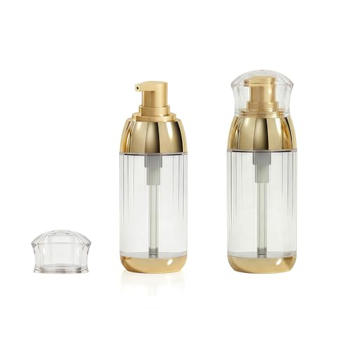 Upstore 2 Pcs 60ml 2oz Clear Plastic Lotion Bottles with Gold Pump Leak Proof Refillable Travel Dispenser Empty Cosmetic Containers for Shampoo Liquid Soap Foundation Essential Oils