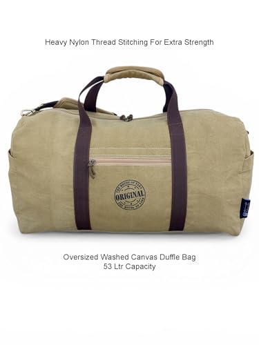 Image of The House of Tara Canvas Travel Duffle Bag | 53 litres | Sports Duffel | Gym Bags | for Men and Women | Detachable Broad Strap | Airline Carry-On Luggage | Oversize (Camel Color)