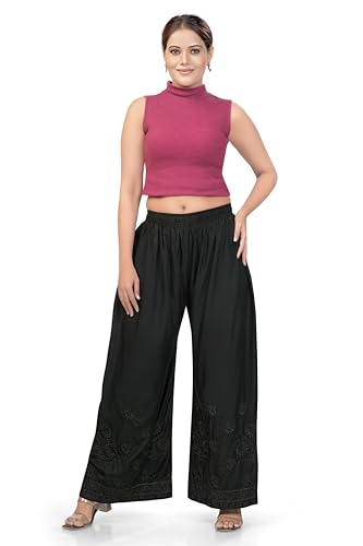 Image of Women's Palazzo Pants with Floral Embroidery, Elastic Waist, White,Black and Off White, Cotton, Lucknowi Style