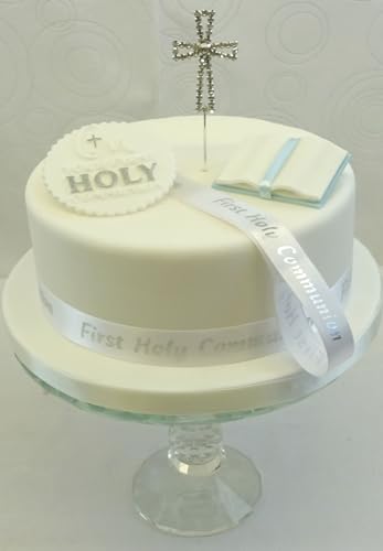 Cake Decoration First Holy Communion - Handmade Blue Bible - White Handmade Flower Paste Plaque with On Your First Holy Communion Ornate Diamante Cross - Silver Ribbon Cake Topper Ornaments