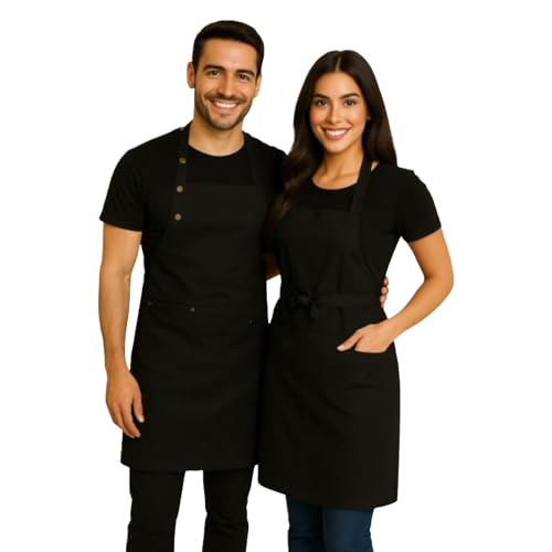 Delantal cocina hombre, delantal cocina mujer. 2 Unidades. Mandil de cocina, Antihumedad. Ajuste al cuello. 3 Bolsillos, Delantal de Cocina Para Barbacoa, Cocinar, o Restaurante (negro)