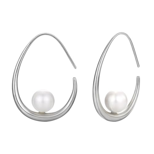 Image of Lightweight Teardrop Hoop Earrings for Women - 14k Gold /White Gold Plated Large Oval Pull Through Hoop Earrings High Polished Statement Jewelry Gift for Women
