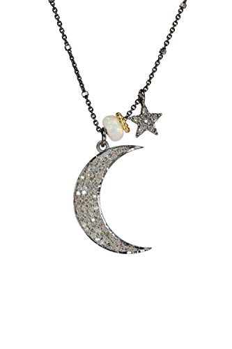 Diamond Moon Star Necklace- Opal Gemstone Slider- Sterling Silver- Birthstone Gift Idea- Mother's Da Diamond Moon Star Necklace- Opal Gemstone Slider- Sterling Silver- Birthstone Gift Idea- Mother's Da