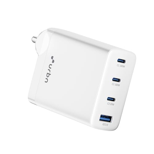 Image of URBN 100W GaN Fast Charger | Quad Port (3 Type-C + 1 Type-A) | QC & PD Compatible | Samsung Super Fast Charging 2.0 | 12-Layer Protection | Compact Travel Adapter for Laptop, iPhone, Samsung, MacBook