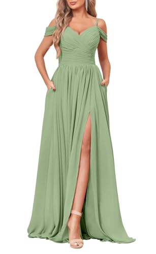 YIANN Schulterfreies Brautjungfernkleid für Damen, mit Taschen, Seitenschlitz, Chiffon, langes formelles Kleid, salbeigrün, 48