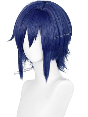 Image of Half and Half Short Dark Blue Anime Cosplay Wig for Men Deep Blue Virtual Singer Male Costume Wigs with Bangs for Women Unisex Halloween Party