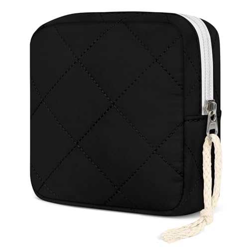 Image of Likesing Period Bag Pouch, Quilted Cotton Tampon Holder for Purse-Black | Quilted Period Pouches for Teen Girls, Women Portable Sanitary Napkin Storage Bag, Feminine Sanitary Bags Emergency Pad Pouch