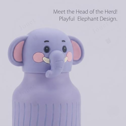 Image of JOUET Kids Stainless Steel Water Bottle 280ml with Cute Elephant Character Lid, Purple Leakproof Drinking Bottle for School, Travel & Daily Use