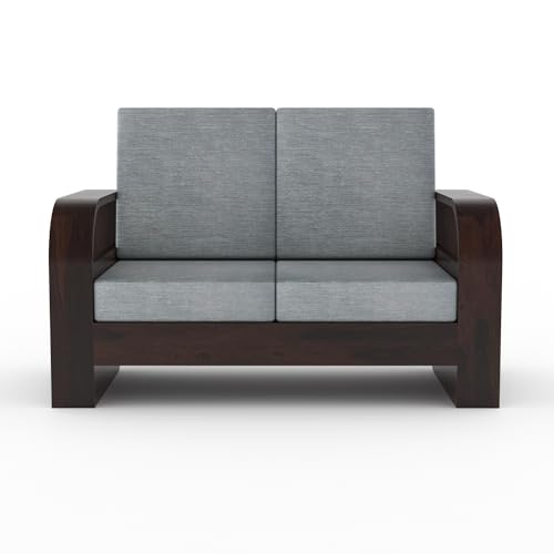 Image of Sheesham Wood 2-Seater Sofa Set - Solid Wood Furniture with Walnut Finish & Grey 40-Density Cushions | Wooden Couch for Living Room & Home Office