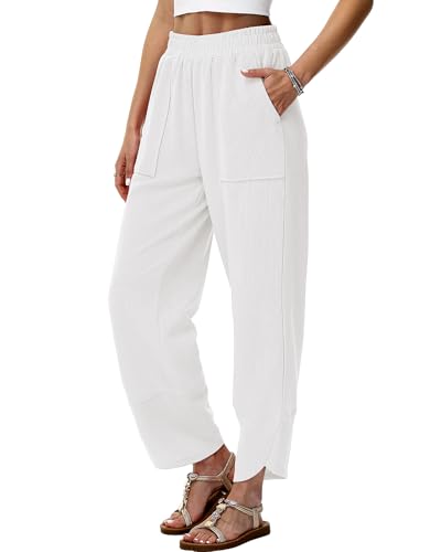 HMIYA Weite Hosen Damen Baumwoll Stoffhose Leichte Casual Sommerhose Bequem Freizeithose mit Taschen,Weiß,L
