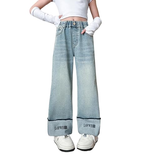 Girls Straight Leg Jeans Baggy Elastic Waist Wash Denim Pants Solid Casual Embroidery Loose Fit Trousers2