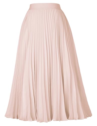 ZXIHZF Women Elegant Pleated Midi Flared Skirt High Elastic