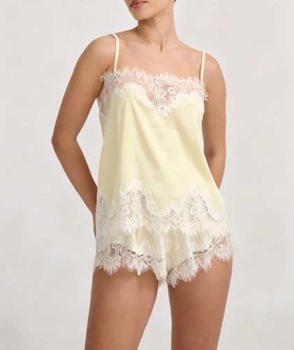 Image of ROAONOCOMO Women Lace Trim Pj Shorts Set Square Neck Coquette Tank Top Silk Satin Pajama Set Babydoll 2 Piece Shorts Outfit