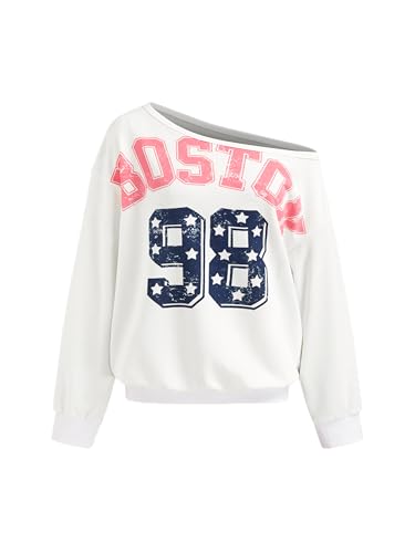 CIDER Womens Off Shoulder Sweatshirt Boston Graphic Pullover Casual Long Sleeve Top White
