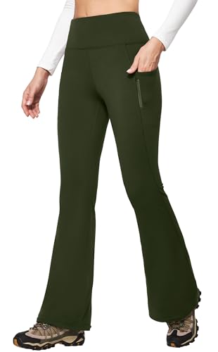 IUGA Fleece Lined Pants Women Water Resistant Hiking Pants Winter Flare Leggings with Pockets Bootcut Thermal Dark Green