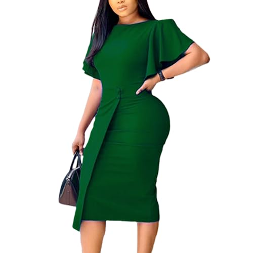 Cocktail Dress for Women Ruffle Sleeve Vintage Work Pencil Midi Dress Summer Office Work Sheath Dresses