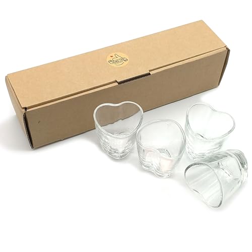 Heart Soju Shot Glasses Set Set of 4 and Silicone Rubber Bottle Caps 4Pcs 1.7 oz, Korean Soju, Whiskey, Tequila, Vodka, Espressos, Desserts, Party Decorations, Clear Glass (Heart)