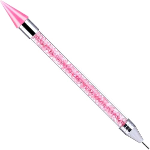 Dual-Ended Rhinestone Picker Dotting Pen for Nail Art - Wax Pencil with Pink Handle Perfect for Picking Up Jewel Gems Crystals and Studs