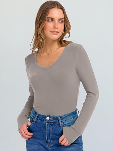 Image of ANRABESS Long Sleeve V Neck Shirts for Women | Soft Comfy Ribbed Knit Fitted Tshirts, Casual Going Out Tops, 2026 Trendy Basic, Fall Winter Underscrub Layering Clothes