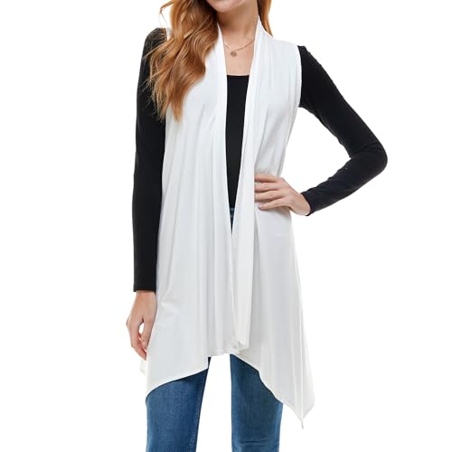 Azules Sleeveless Cardigan for Women, Soft Lightweight Duster Open Front Sleeveless Long Cardigan Vest Ivory