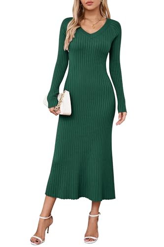 Arach&Cloz Strickkleid Damen V Ausschnitt Herbst Winterkleid Lang Pulloverkleid Bodycon Maxi Kleid Elegant Weihnachtskleid (Green,L)