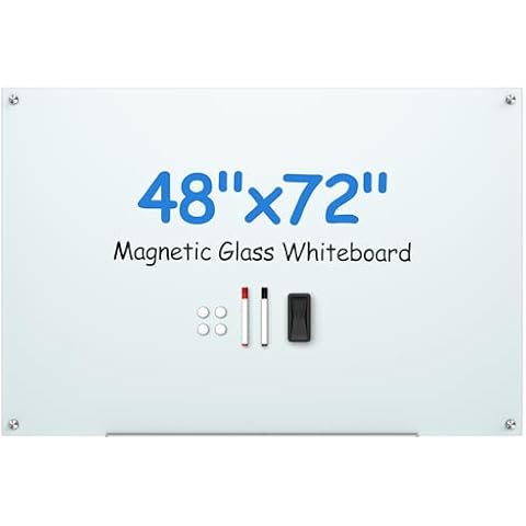 VUSIGN Glass Whiteboard 48" x 72" Magnetic Dry Erase for Office School, Home, Frameless Mounting, Includes 4 Magnets, 2 Markers and 1 Erasers Cover