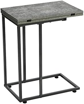Household Essentials Jamestown Extendable C-Shaped for Accessiblity Side End Table Rustic Slate Concrete and Black Metal, 19D x 24W x 19H in