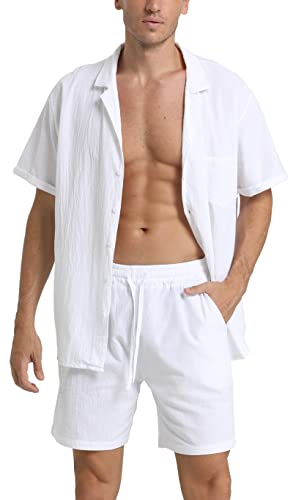 RPOVIG Linen Shirt Short Outfits:Men's Beach 2 Pieces Casual Button-Down Sets2