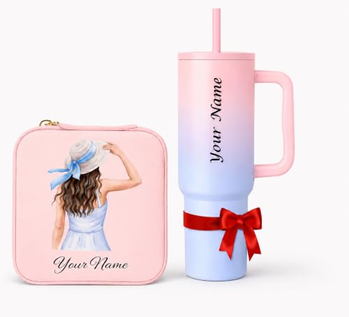 Image of Zephorus Personalized PU Travel Pouch & 40oz Insulated Tumbler Gift Combo Custom Name Printed Gift Set Makeup Organizer Pouch with Stainless Steel Vacuum Travel Mug Birthday, Anniversary