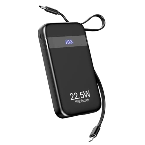 BOJEEL Power Bank, 10000mAh Portable Charger with Built-in Cables, 22.5W 4 Output 2 Input, Fast Charging External Battery Pack with LED Display for iPhone,Samsung,Android and More